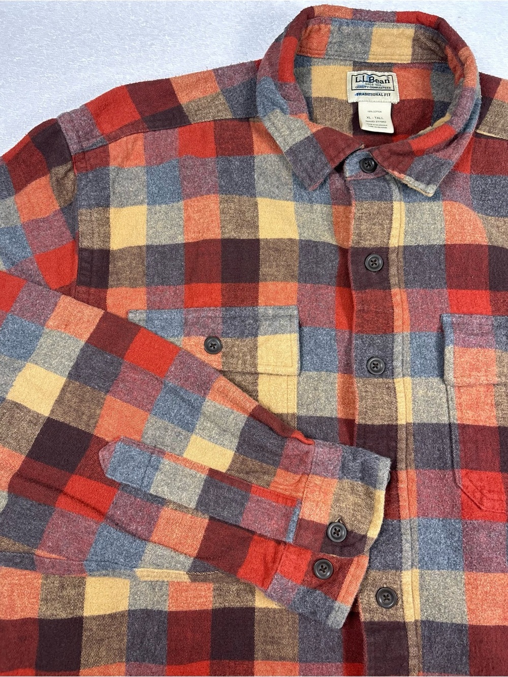L.L. Bean Men’s Plaid Button-Down Flannel Shirt - Orange, Blue, Yellow, Brown